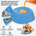 Imagen publicitaria del cuenco interactivo y portátil para perros y gatos de Mimos y Pelos, demostrando su uso versátil en diferentes escenarios tanto al aire libre como dentro del hogar."