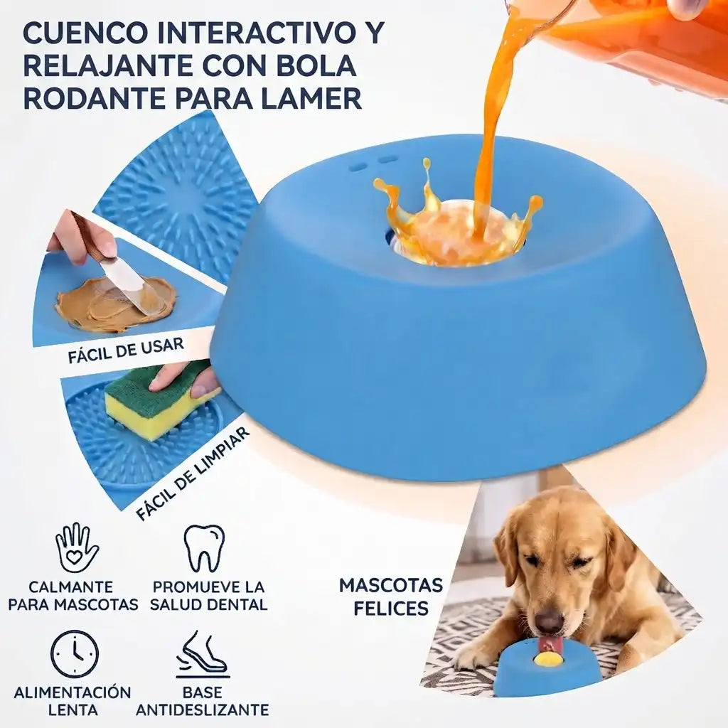 Imagen publicitaria del cuenco interactivo y portátil para perros y gatos de Mimos y Pelos, demostrando su uso versátil en diferentes escenarios tanto al aire libre como dentro del hogar."