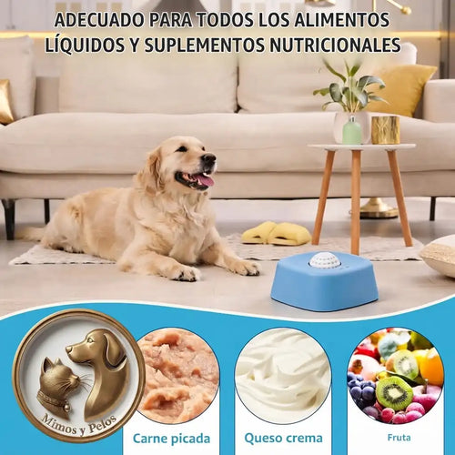 Cuenco lamedor interactivo para perros y gatos de Mimos y Pelos mostrando su fácil limpieza bajo el agua corriente y material seguro apto para lavavajillas.