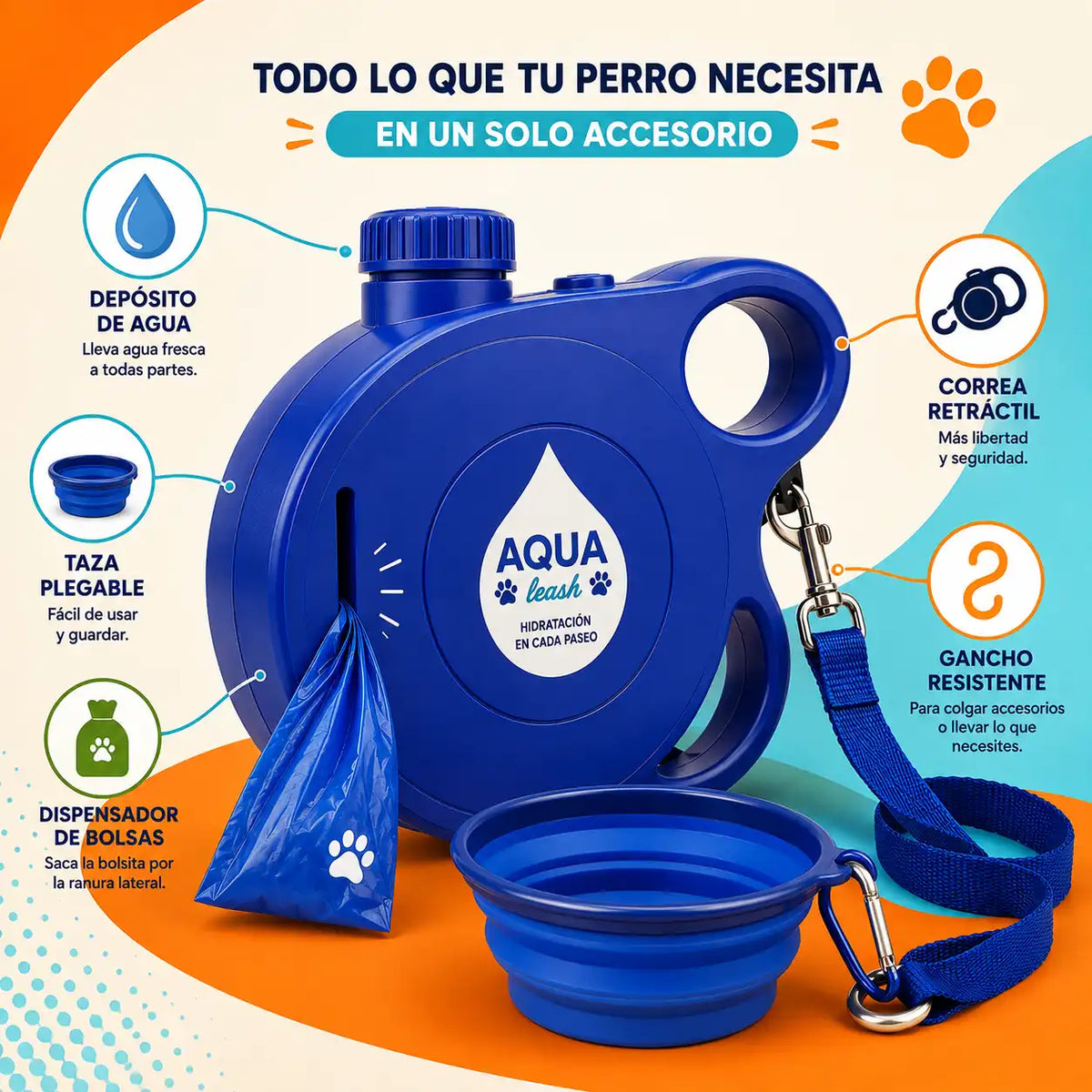 Correa Retráctil Multifunción 5- en -1 para Perros.
