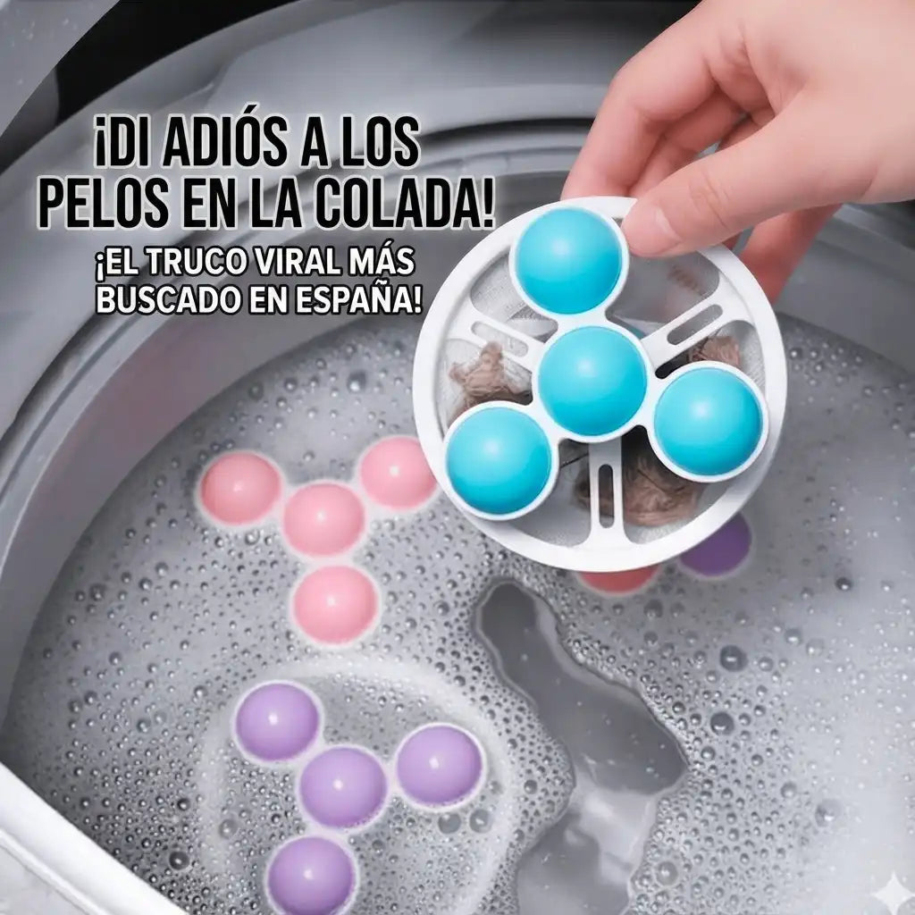 Pack de 2 atrapapelusas flotantes para lavadora de Mimos y Pelos mostrando el filtro con residuos y su uso en la colada.