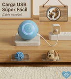 "Pelota inteligente interactiva de Mimos y Pelos conectada a carga USB súper fácil. Juguete para mascotas con cable de carga incluido."
