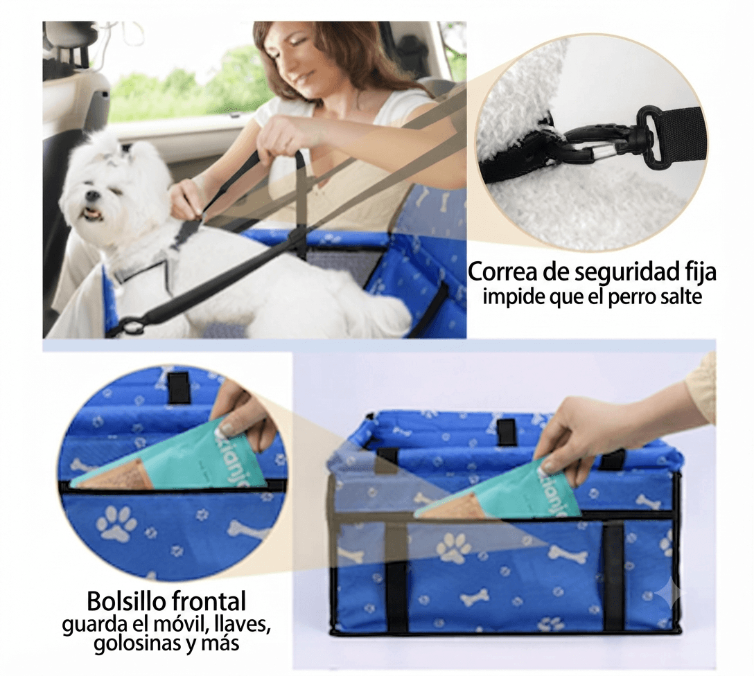 "Asiento de coche para mascotas de Mimos y Pelos: muestra en detalle la correa de seguridad ajustable para evitar que el perro salte y el práctico bolsillo frontal para guardar accesorios como el móvil, llaves o golosinas."