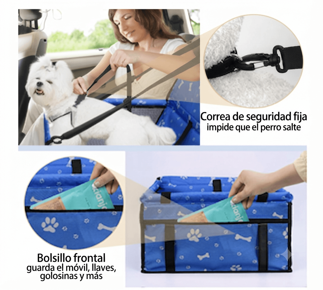 "Asiento de coche para mascotas de Mimos y Pelos: muestra en detalle la correa de seguridad ajustable para evitar que el perro salte y el práctico bolsillo frontal para guardar accesorios como el móvil, llaves o golosinas."