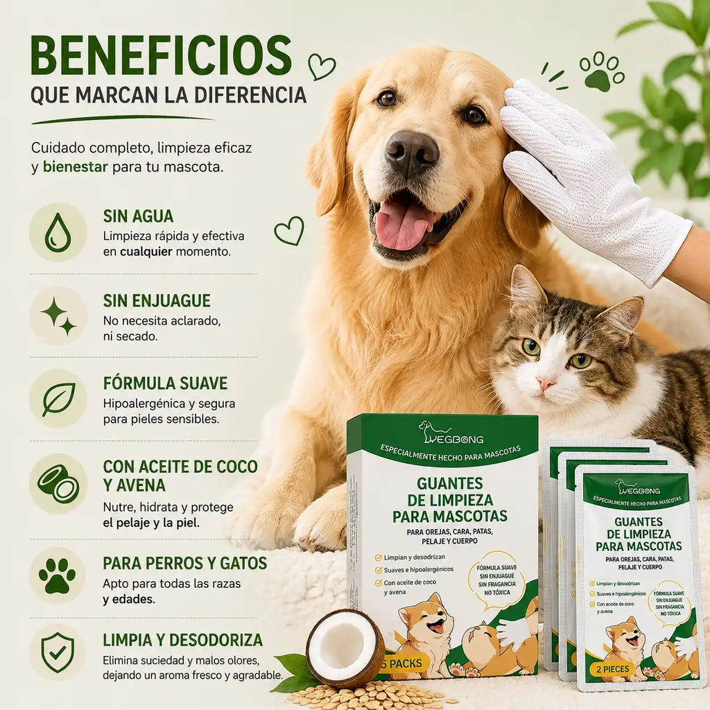 "Beneficios de los guantes de limpieza para mascotas: fórmula hipoalergénica con aceite de coco y avena, ideal para limpiar y desodorizar perros y gatos sin agua ni enjuague."