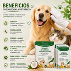 "Beneficios de los guantes de limpieza para mascotas: fórmula hipoalergénica con aceite de coco y avena, ideal para limpiar y desodorizar perros y gatos sin agua ni enjuague."