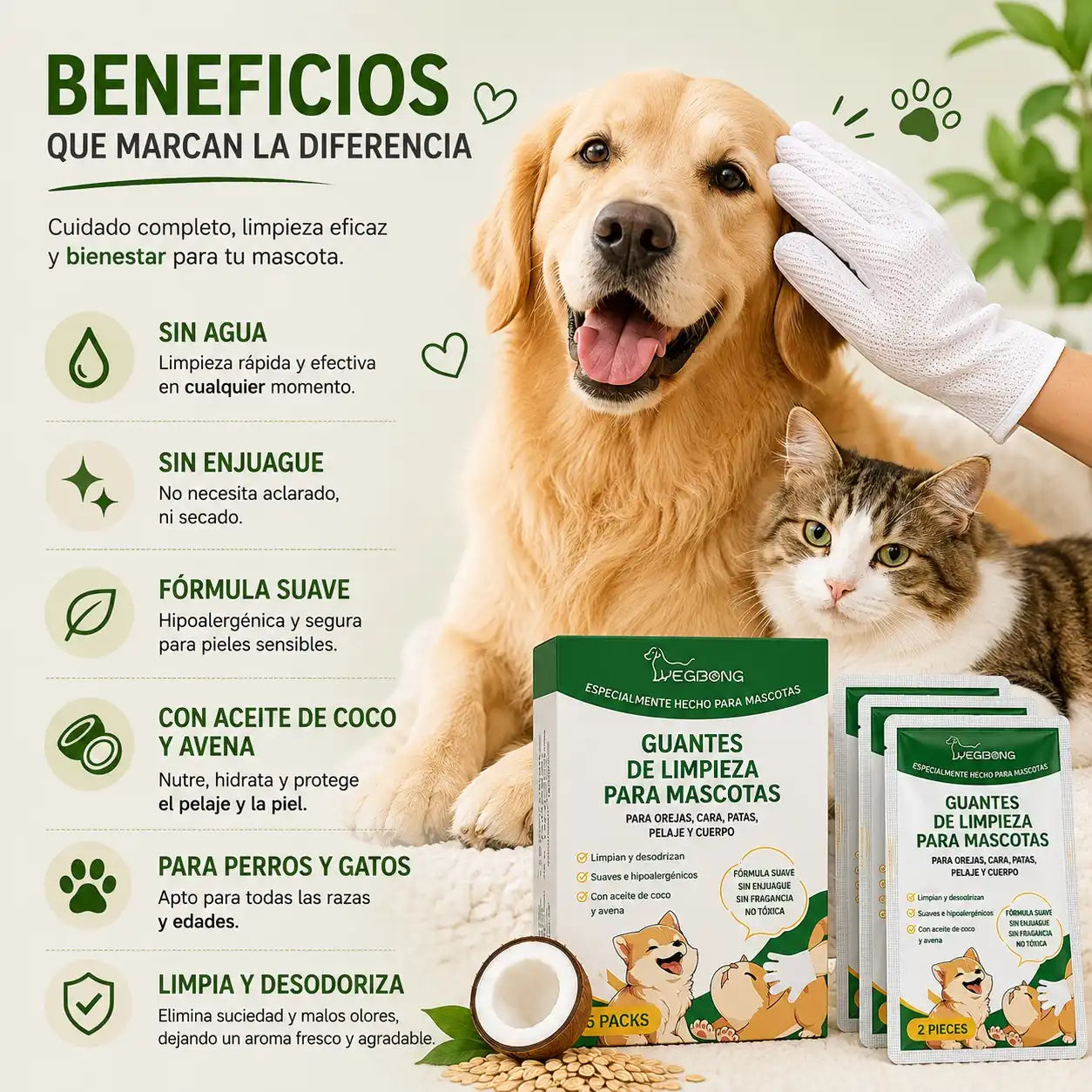 "Beneficios de los guantes de limpieza para mascotas: fórmula hipoalergénica con aceite de coco y avena, ideal para limpiar y desodorizar perros y gatos sin agua ni enjuague."