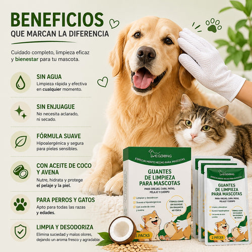 Beneficios de los guantes de limpieza para mascotas Mimos y Pelos: fórmula hipoalergénica con aceite de coco y avena, sin agua ni aclarado, ideal para la higiene diaria de perros y gatos.