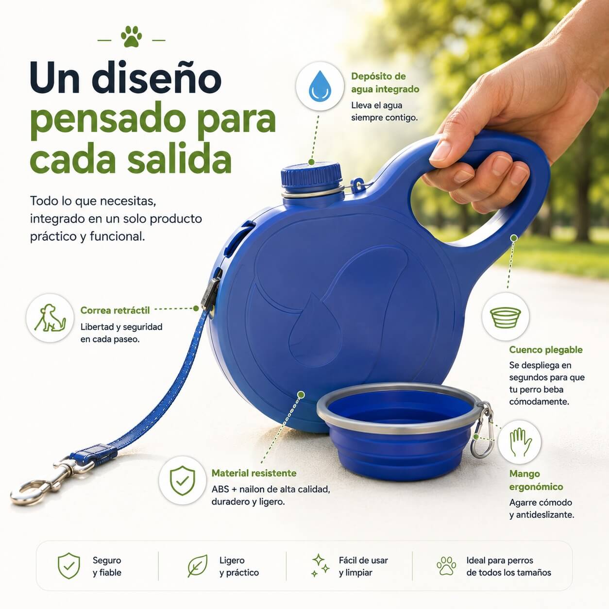 "Detalle de características de correa para perros multifunción con sistema de hidratación y cuenco desplegable para viajes y caminatas."
