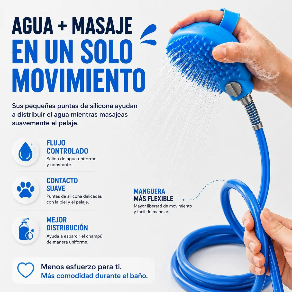 Cepillo de ducha y masajeador de silicona con manguera para perros de Mimos y Pelos.