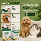 "Instrucciones de uso de los guantes de limpieza para mascotas: 3 pasos sencillos para limpiar el pelaje de perros y gatos sin usar agua ni enjuague."