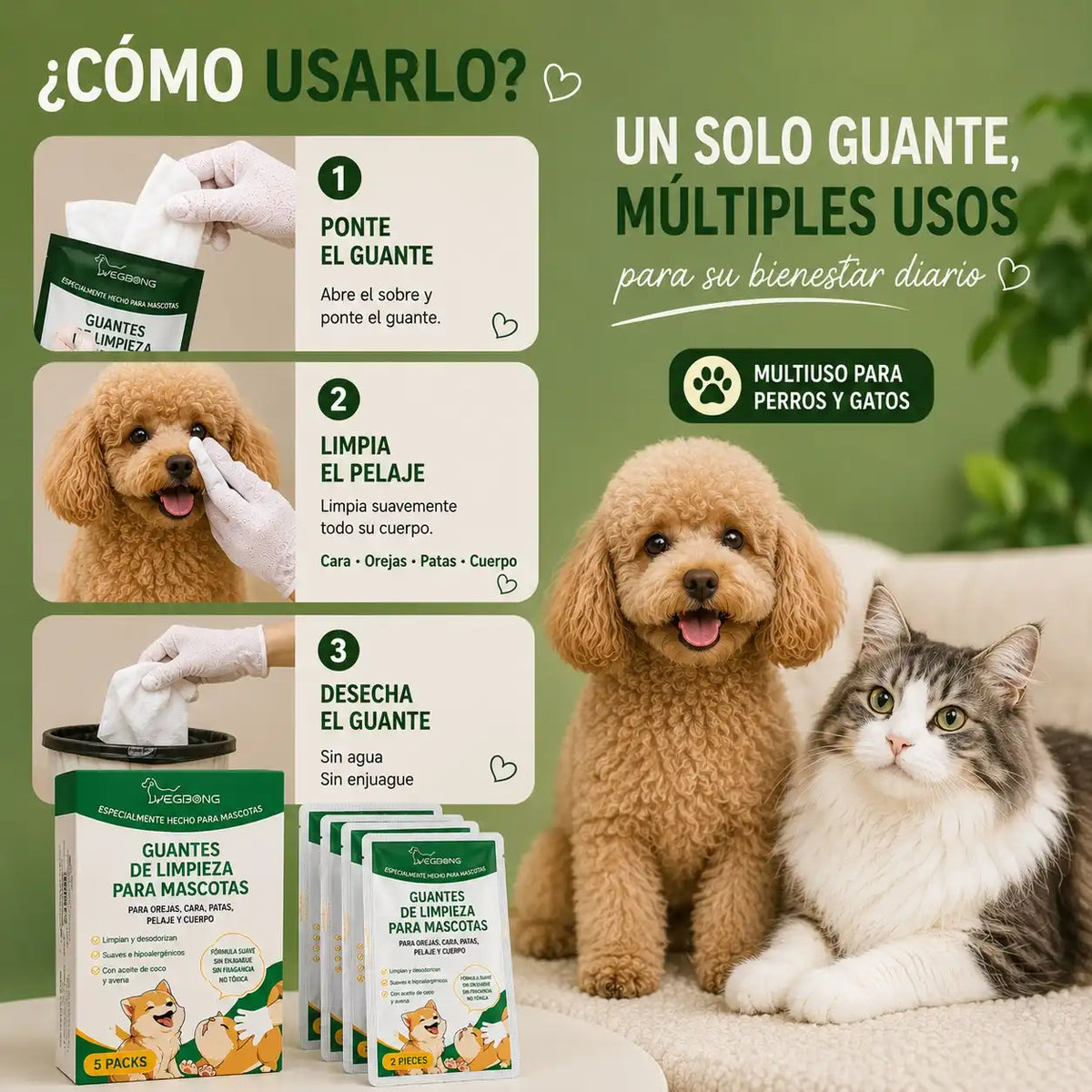"Instrucciones de uso de los guantes de limpieza para mascotas: 3 pasos sencillos para limpiar el pelaje de perros y gatos sin usar agua ni enjuague."