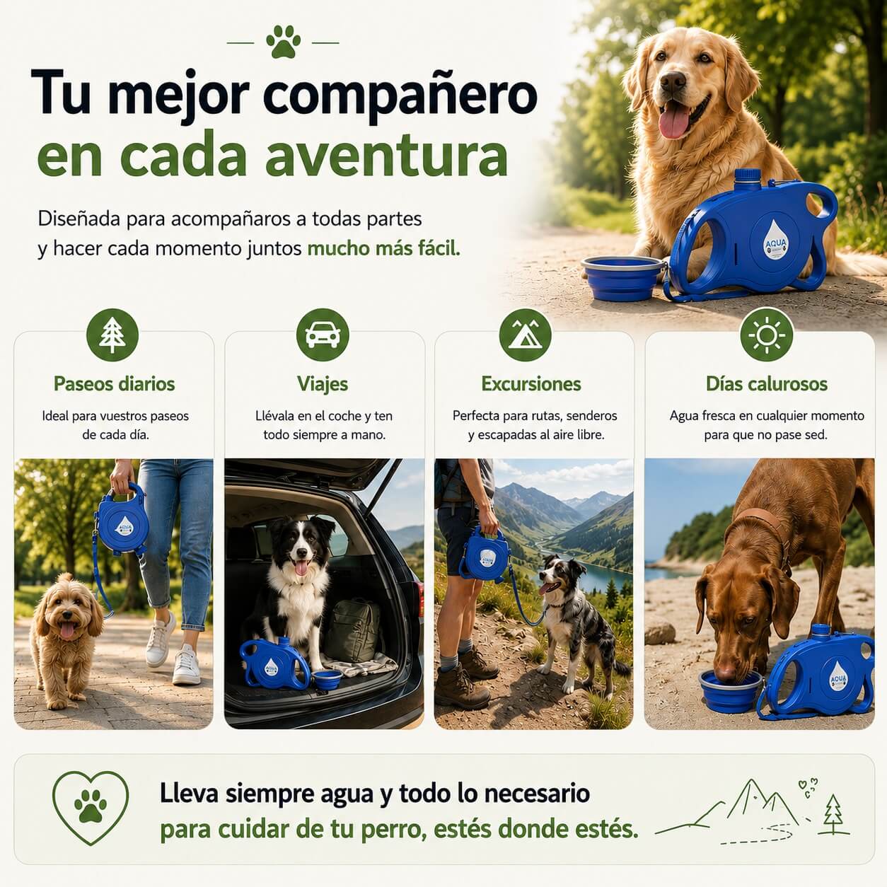 "Correa para perros con cuenco de agua plegable incorporado, el accesorio esencial para mantener a tu mascota hidratada y cómoda en todas sus aventuras al aire libre."