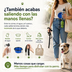 "Dueña paseando feliz a su perro usando una correa retráctil con sistema de agua, destacando la ventaja de llevar menos peso y disfrutar más tiempo del paseo."