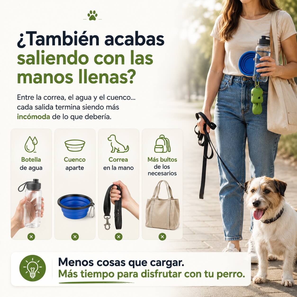 "Dueña paseando feliz a su perro usando una correa retráctil con sistema de agua, destacando la ventaja de llevar menos peso y disfrutar más tiempo del paseo."