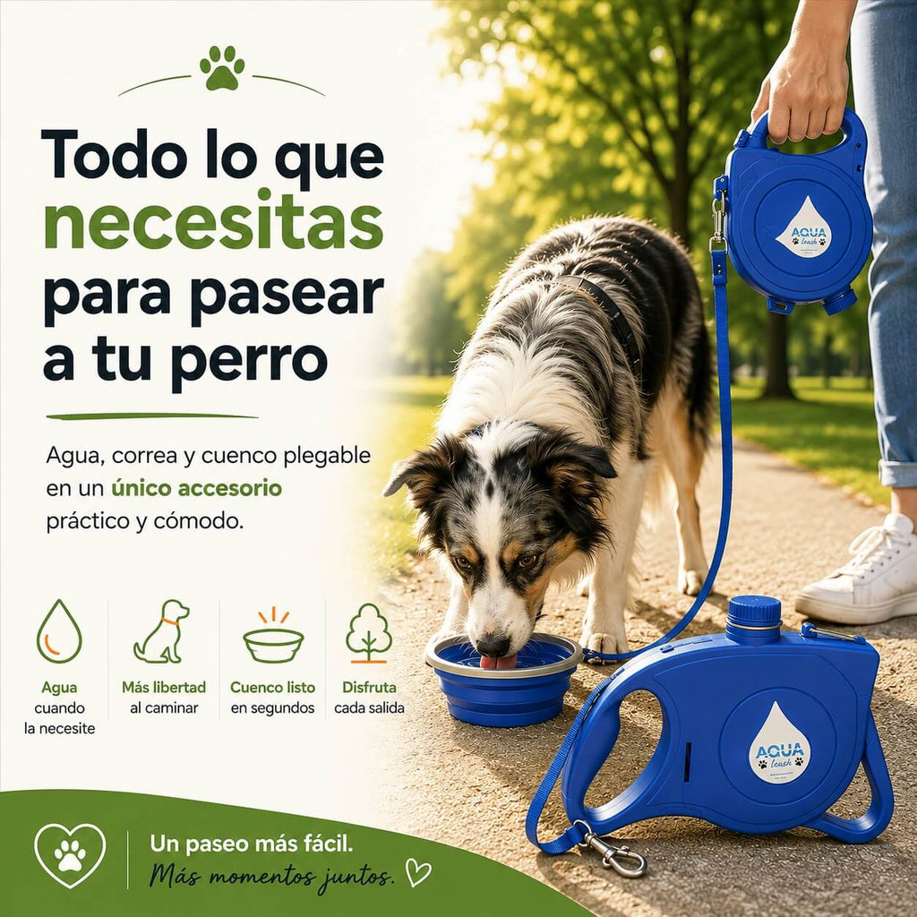 "Correa retráctil multifunción con bebedero plegable integrado, la solución perfecta para mantener a tu perro hidratado durante los paseos."