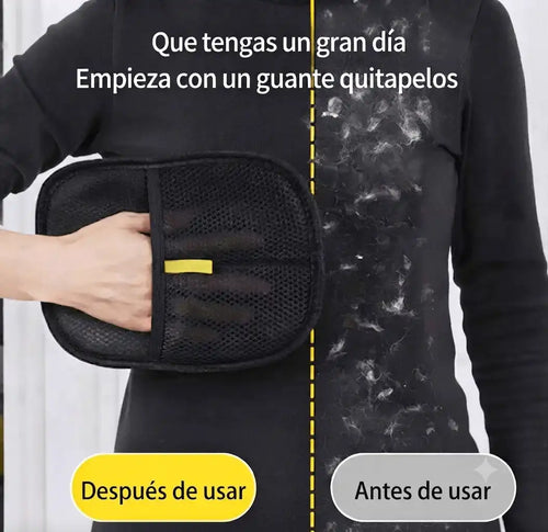 "Comparación de antes y después usando el guante quitapelos de Mimos y Pelos para eliminar eficazmente los pelos de mascotas de ropa negra, demostrando resultados inmediatos y una limpieza profunda."