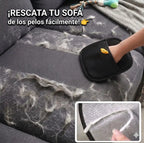Guante quitapelos para mascotas retirando fácilmente el pelo de perro y gato de la tapicería de un sofá.