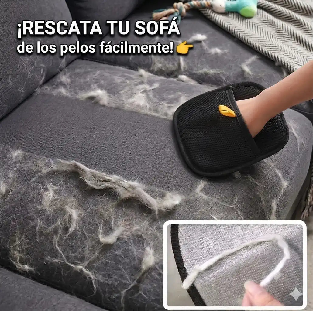 Guante quitapelos para mascotas retirando fácilmente el pelo de perro y gato de la tapicería de un sofá.