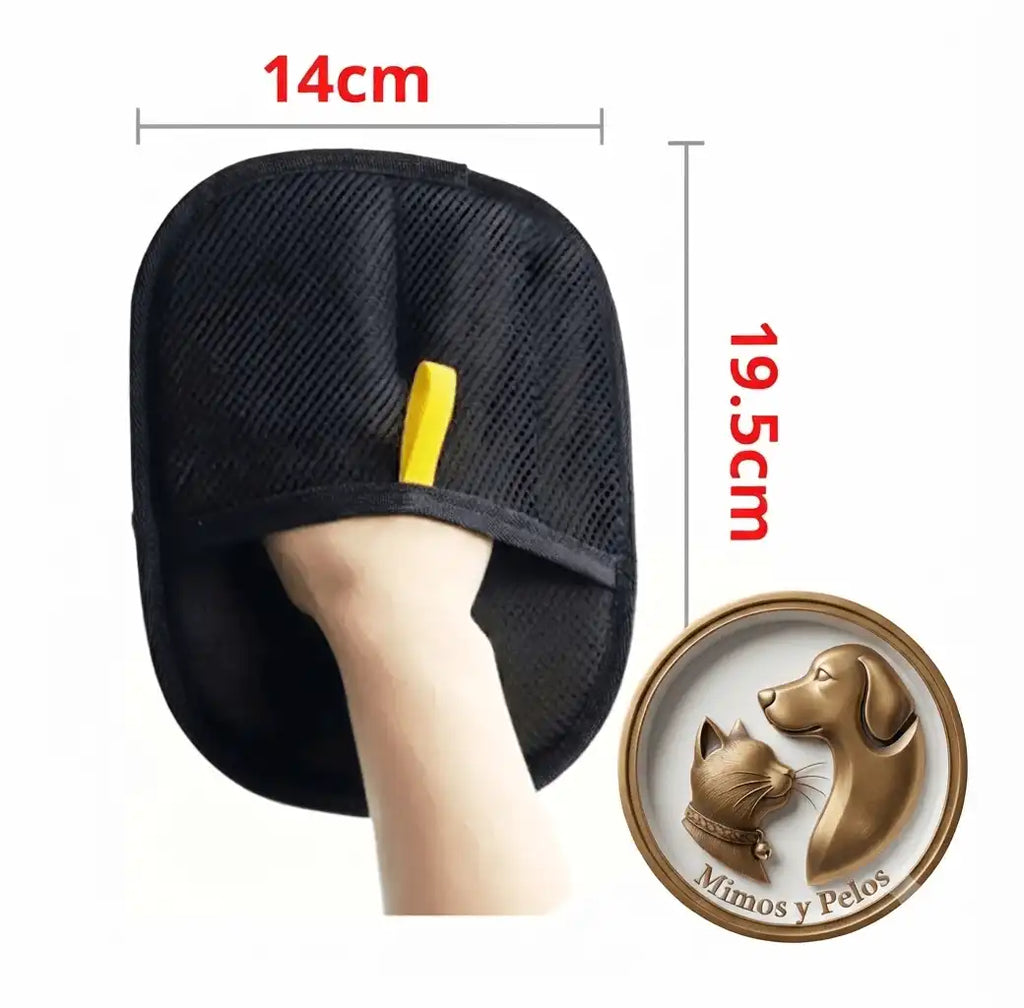 "Infografía con las medidas del guante quitapelos de Mimos y Pelos: 14 cm de ancho por 19.5 cm de alto. Diseño ergonómico ideal para la limpieza eficaz de pelo de mascotas en el hogar."