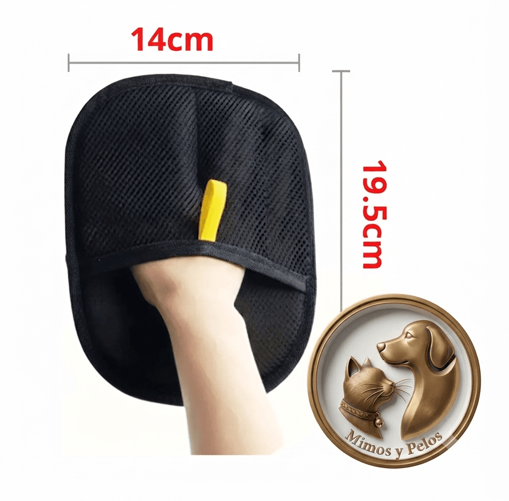"Infografía con las medidas del guante quitapelos de Mimos y Pelos: 14 cm de ancho por 19.5 cm de alto. Diseño ergonómico ideal para la limpieza eficaz de pelo de mascotas en el hogar."
