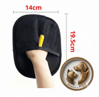 "Infografía con las medidas del guante quitapelos de Mimos y Pelos: 14 cm de ancho por 19.5 cm de alto. Diseño ergonómico ideal para la limpieza eficaz de pelo de mascotas en el hogar."