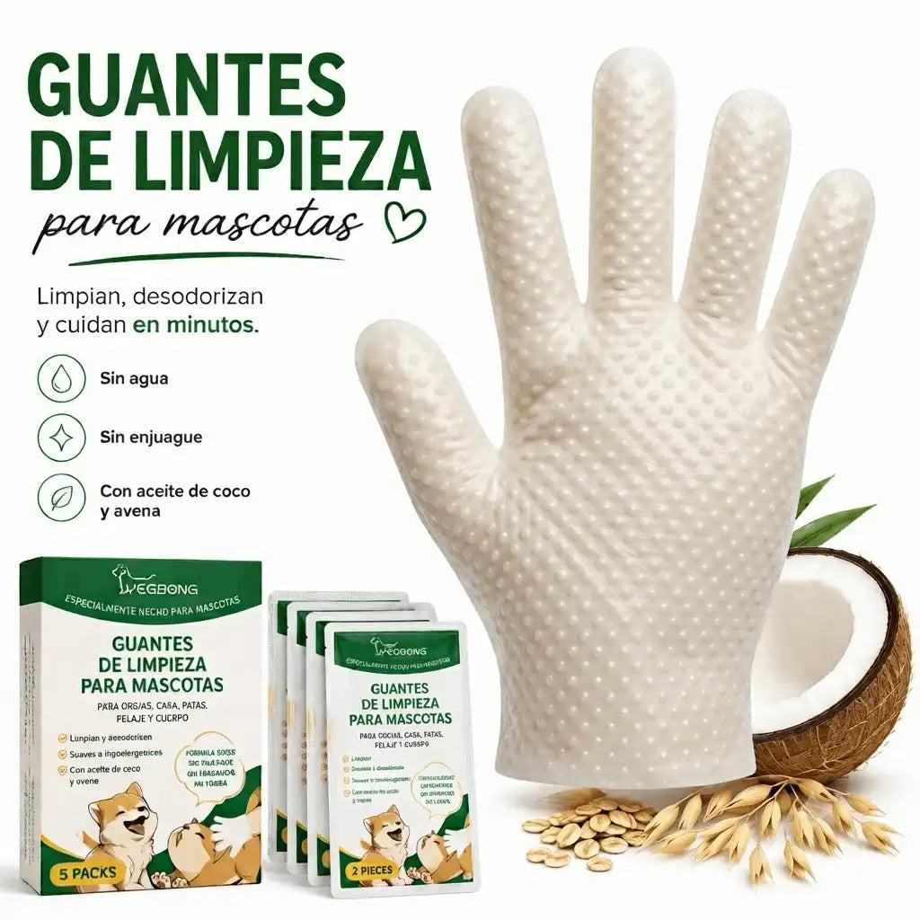Guantes de limpieza para mascotas con aceite de coco y avena, ideales para desodorizar perros y gatos sin usar agua.