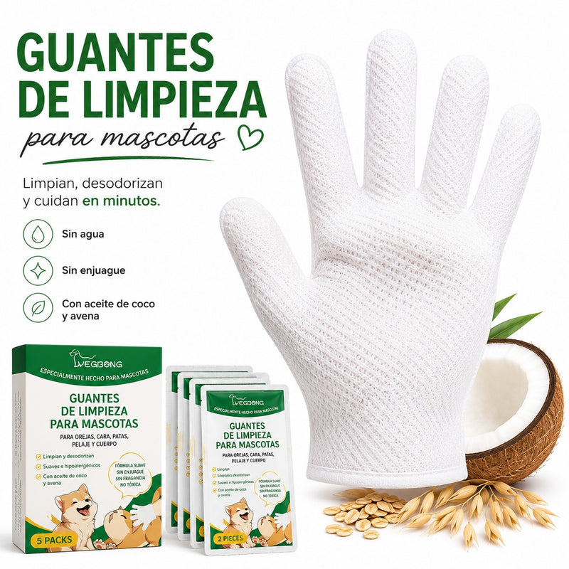 Guantes de limpieza para mascotas con aceite de coco y avena. Solución hipoalergénica sin agua ni aclarado para limpiar orejas, cara, patas y pelaje de perros y gatos.