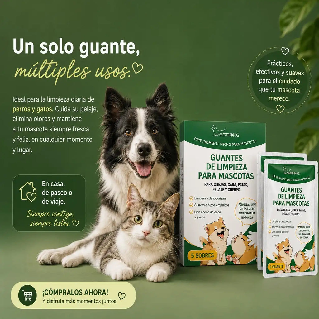 "Guantes de limpieza para mascotas, ideales para usar en casa, de paseo o de viaje, eliminando olores y manteniendo a perros y gatos frescos y felices."