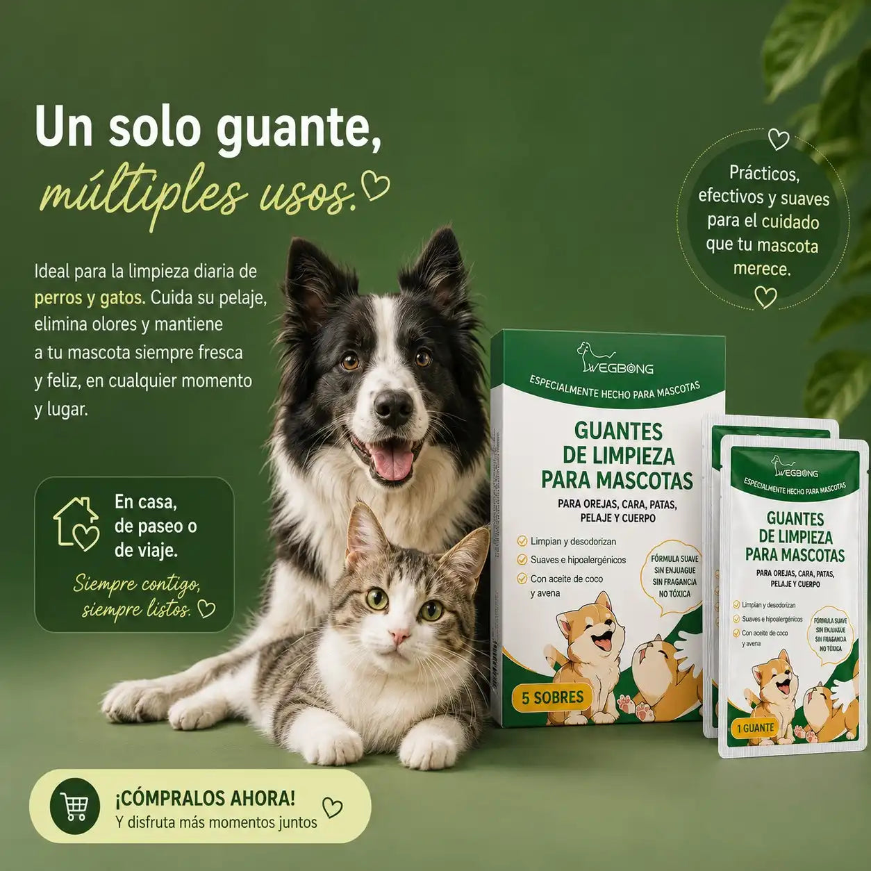 "Guantes de limpieza para mascotas, ideales para usar en casa, de paseo o de viaje, eliminando olores y manteniendo a perros y gatos frescos y felices."