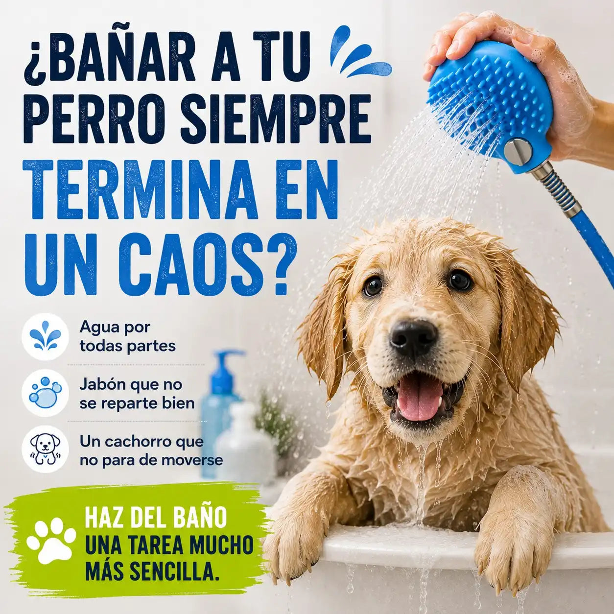 Cepillo de ducha con manguera para perros de Mimos y Pelos para evitar el caos durante el baño.