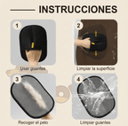 "Infografía con instrucciones paso a paso para el uso del guante quitapelos de Mimos y Pelos. Muestra cómo colocar el guante, limpiar superficies textiles, recoger el pelo de mascota acumulado y lavar el guante para su reutilización."