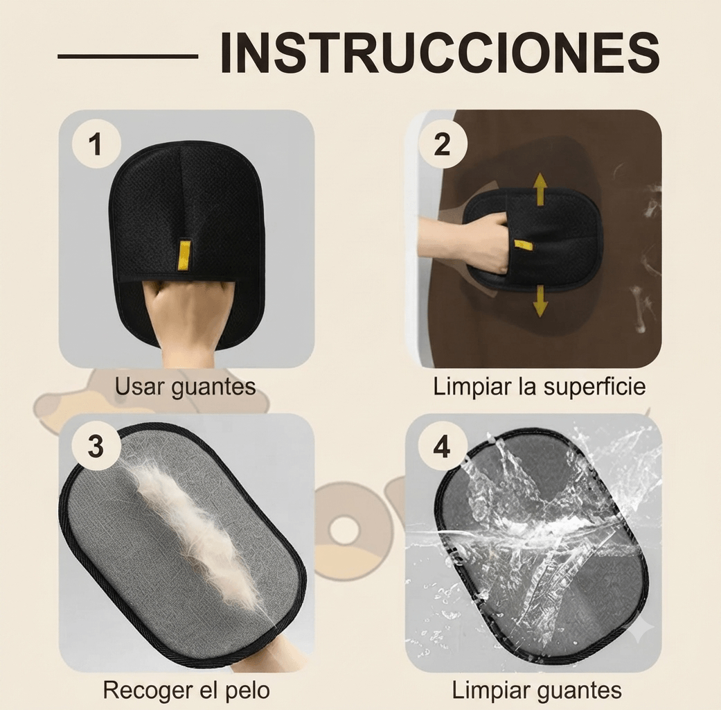 "Infografía con instrucciones paso a paso para el uso del guante quitapelos de Mimos y Pelos. Muestra cómo colocar el guante, limpiar superficies textiles, recoger el pelo de mascota acumulado y lavar el guante para su reutilización."