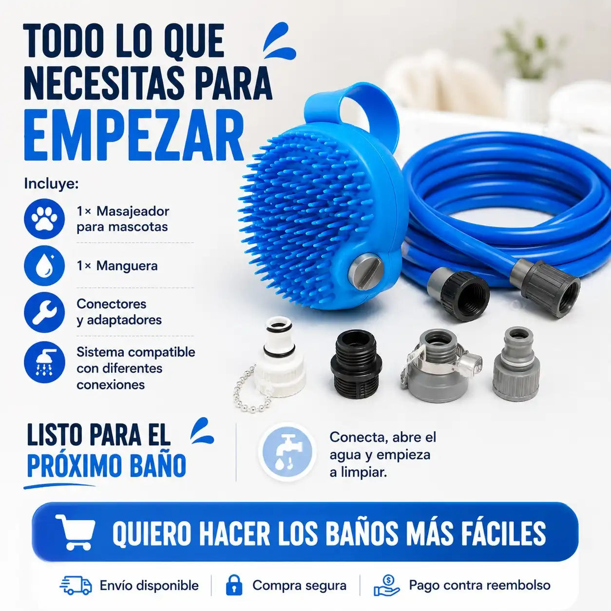 Kit completo de cepillo de ducha con manguera, masajeador y adaptadores para perros de Mimos y Pelos.