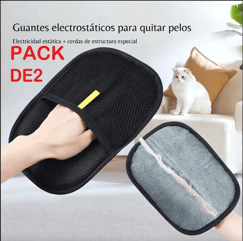 "Pack de 2 guantes electrostáticos quitapelos Mimos y Pelos, herramienta profesional con tecnología de electricidad estática para eliminar fácilmente el pelo de mascotas en sofás, ropa y alfombras."