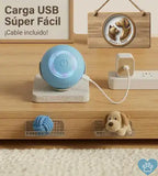 "Pelota inteligente interactiva de Mimos y Pelos conectada a carga USB súper fácil. Juguete para mascotas con cable de carga incluido."