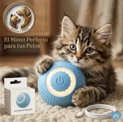 "Gatito jugando con una pelota inteligente interactiva para mascotas de Mimos y Pelos. Juguete automático con cable de carga USB, ideal para estimular el juego y ejercicio diario de tu gato."