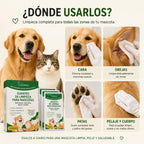 "Guantes de limpieza para mascotas, mostrando cómo limpiar cara, orejas, patas y pelaje de perros y gatos de forma segura y eficaz."