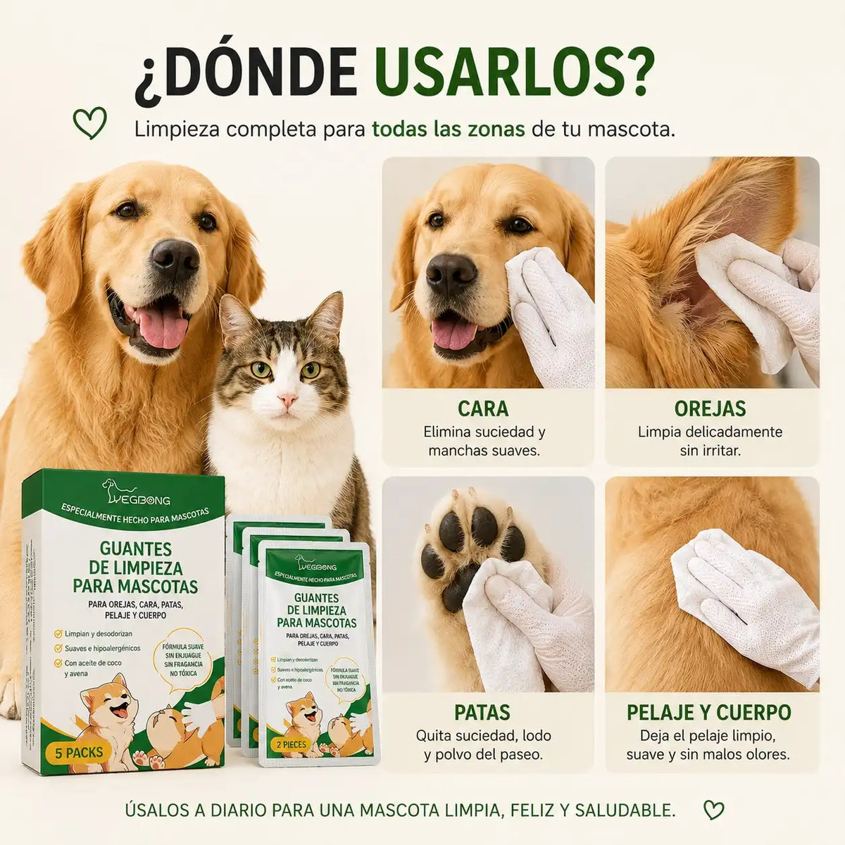 "Guantes de limpieza para mascotas, mostrando cómo limpiar cara, orejas, patas y pelaje de perros y gatos de forma segura y eficaz."