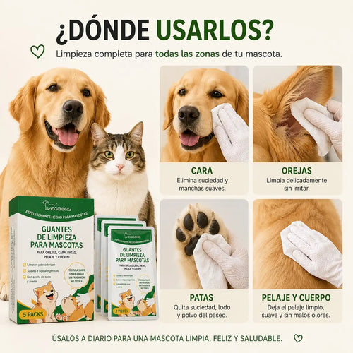 "Guantes de limpieza para mascotas, mostrando cómo limpiar cara, orejas, patas y pelaje de perros y gatos de forma segura y eficaz."