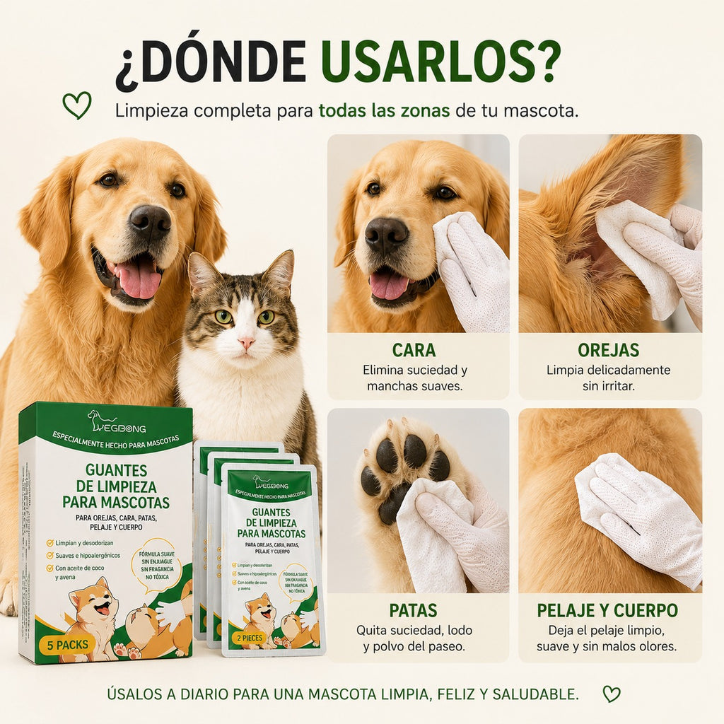 "Guantes de limpieza para mascotas, mostrando cómo limpiar cara, orejas, patas y pelaje de perros y gatos de forma segura y eficaz."